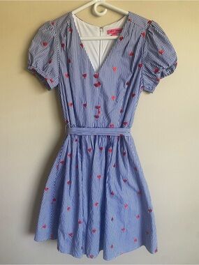 Betsey Johnson Heart Embroidered Stripe Fit & Flare Dress Size 8